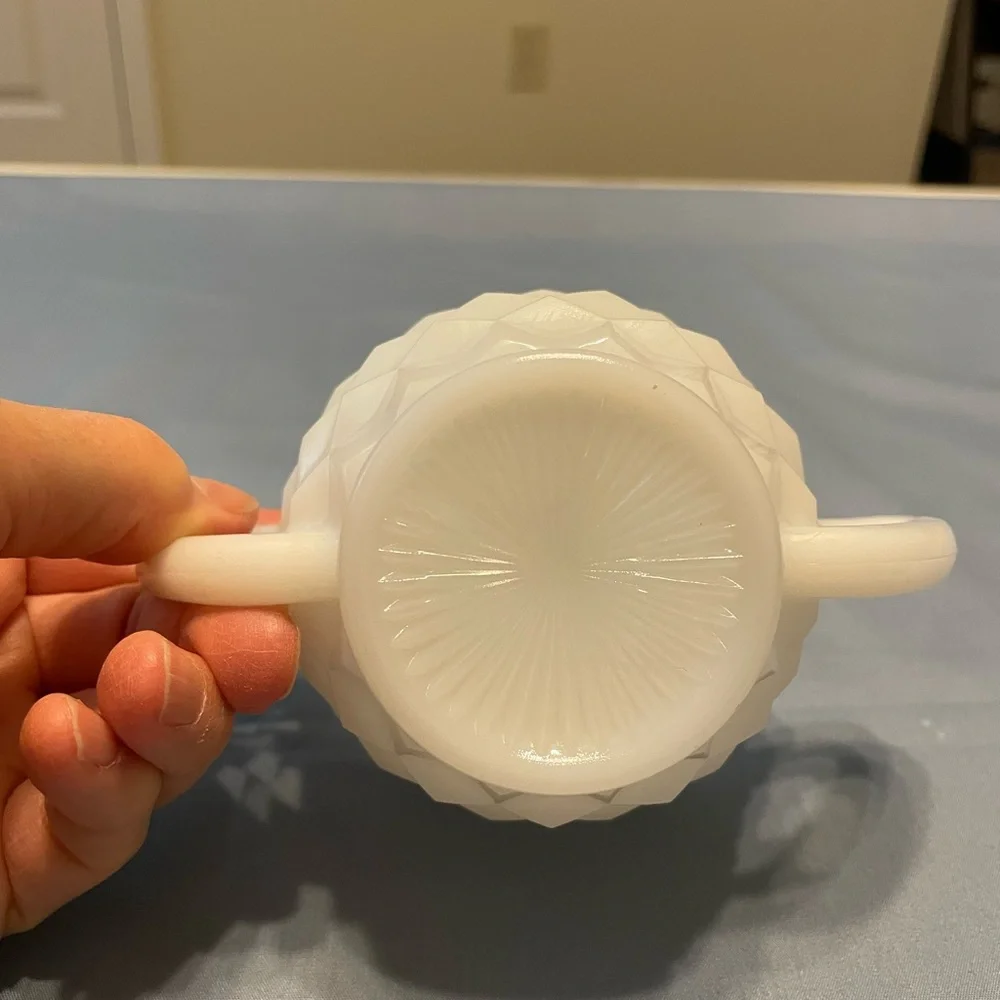 Vintage White Milk Glass Creamer and Open Sugar Bowl Set Cube or Cubist Pattern